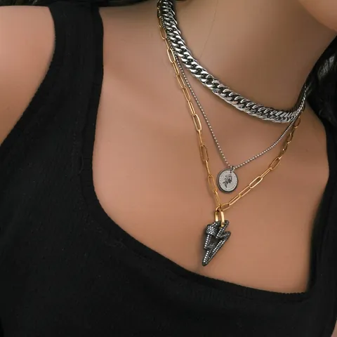 Collier Multi Rangs Acier Inoxydable Cuivre Avec Zircon Éclair Et Pendentifs Pièce Portrait Style Punk Vintage Femmes