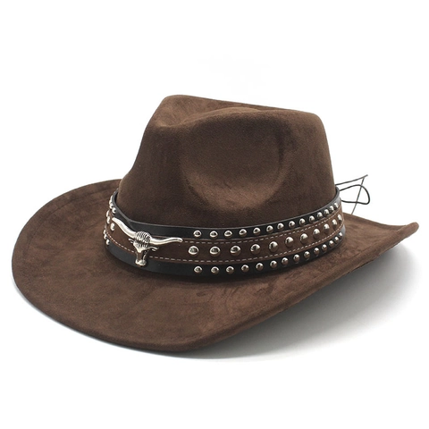 Western Cowboy Hat Faux Suede Wide Brim Vintage Bull Head Metal Rivet Decor Outdoor Ethnic Style Men Women