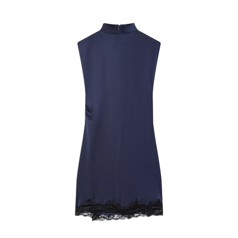 Marineblaues Satin Minikleid Ärmellos Stehkragen Spitze Patchwork Eleganter Cocktail Party Damen