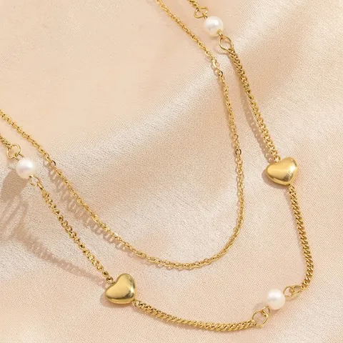 Elegante Collana a Doppio Strato in Acciaio Inossidabile Oro Con Ciondolo a Cuore e Perla Artificiale Gioielli da Donna