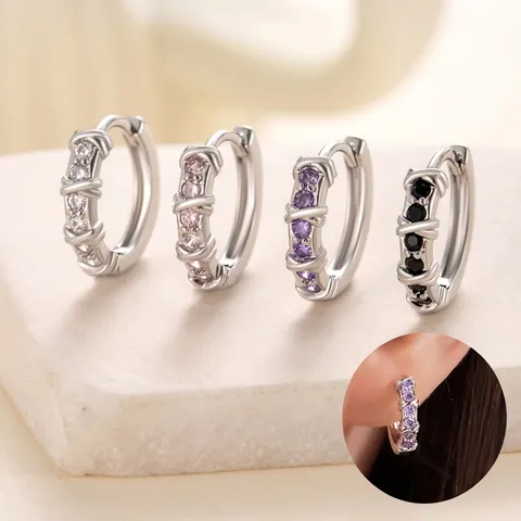 Copper Zircon Huggie Earrings Criss Cross Geometric Small Round Hoop Ear Buckles Elegant Jewelry For Women