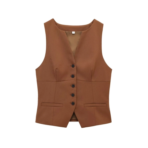 Damen Französischer Vintage Braun Baumwolle Weste Und Minirock Set Einreihig V-Ausschnitt Weste Hohe Taille A-Linie Rock Outfit