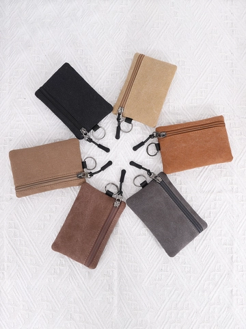 Small Canvas Coin Purse With Keyring Zipper Portable Mini Wallet For Coins Keys Cards Solid Color Unisex
