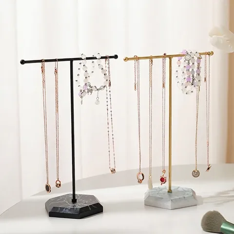 Jewelry Display Stand T-Bar Metal Iron Necklace Bracelet Organizer With Marble Texture Base Desktop Nordic Style