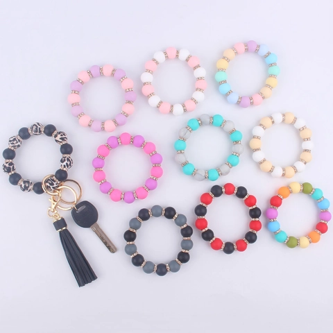 Bracelet Porte-clés en Perles de Silicone Avec Gland en Similicuir et Entretoises en Strass Fait à la Main Bijoux Femme