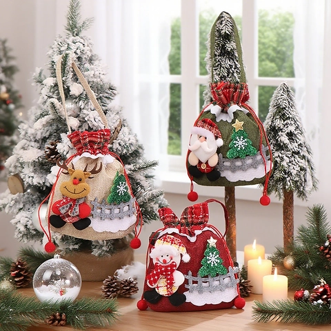 Bolsa De Regalo De Navidad De Arpillera Con Asa 3D Papá Noel Reno Muñeco De Nieve Cordón Bolsa De Dulces Decoración