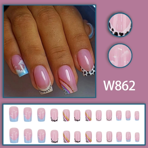Press On Nails Square Artificial Fake Nails With Cow Print And Blue Sky Cloud Designs ABS Cute Sweet Style For Women Girls