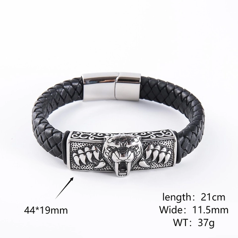 Bracciale In Pelle Intrecciata Da Uomo Con Testa Di Leone In Acciaio Inossidabile Stile Punk Retrò Gioielli Animali