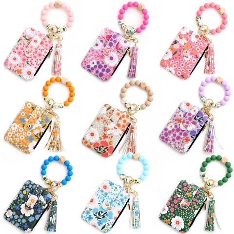 Women Floral Silicone Bead Bracelet Keychain Card Bag PU Leather Wristlet Wallet with Tassel Daily Fashion Accessory