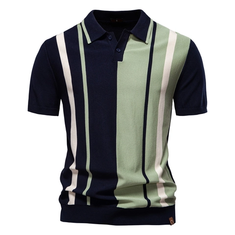 Gebreid Poloshirt Voor Heren Gestreepte Spliced Viscose Polyester Mix Ademend Casual Retro Top Met Korte Mouwen