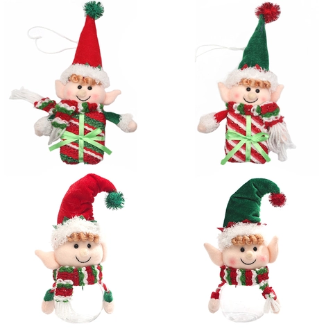 Creatieve Kerstelf Pop Hangend Ornament Stoffen Cadeauzakje En Transparante Plastic Snoeppot Voor Huis Boom Feest Decoratie
