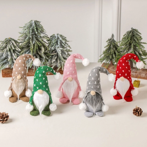 Nains De Noël Poupées En Peluche Chapeau Tricoté Avec Motifs De Cœur Barbe Blanche Ornements Nordiques Décor De Table