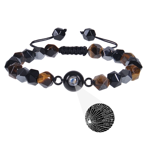 Tiger Eye Obsidian Projection Bracelet Multi Languages I Love You Heart Hand Woven Adjustable Beaded Jewelry Gift