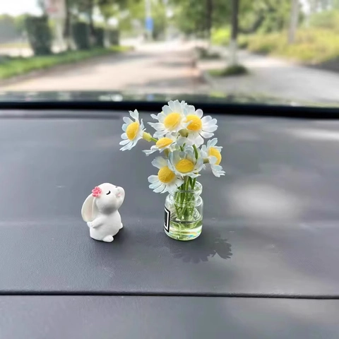 Mini Glasvase Künstliche Gänseblümchen Hasenfigur Auto Armaturenbrett Innenraum Deko Ornamente Heilende Schreibtisch Zubehör