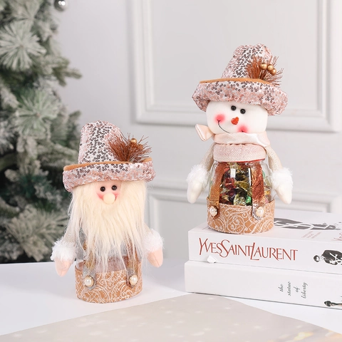 Christmas Candy Jars Sequins Cloth Plush Santa Snowman Ornaments Gift Storage Containers Holiday Decor Festive Table Decoration