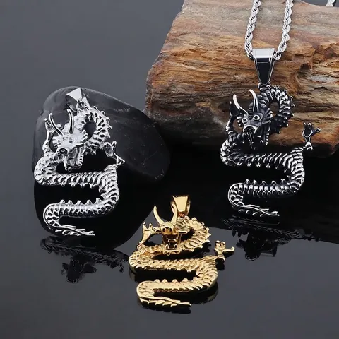 Collier Pendentif Dragon Acier Titane Rétro Style Chinois Zodiaque Bijoux Punk Gothique Chaîne Pull Pour Hommes