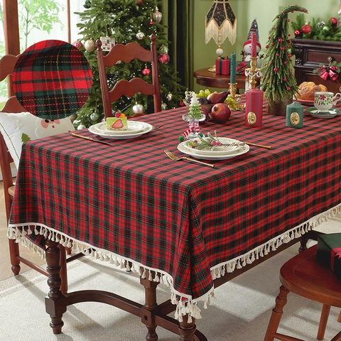 Christmas Plaid Tablecloth Polyester Cotton Blend Rectangular Table Cover With Tassels Gold Thread Holiday Home Decor