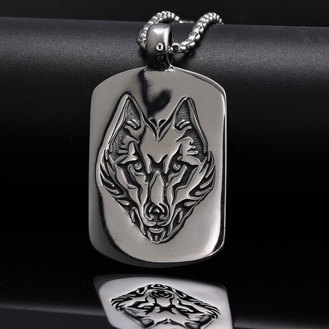 Collier Pendentif Tête De Loup Viking Acier Inoxydable Poli Plaque Militaire Rectangulaire Style Nordique Rétro Bijoux Unisexe
