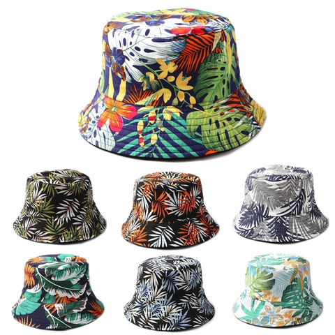 Cappello Pescatore Reversibile Cotone Lino Stampa Foglie Tropicali Protezione Solare Tesa Larga All Aperto Spiaggia Per Donne