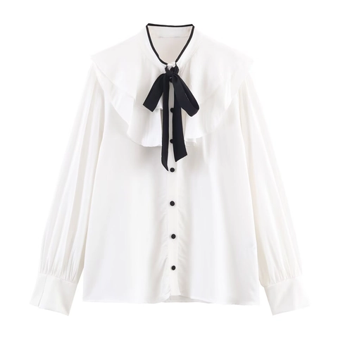 Dames Blouse Met Lange Mouwen Polyester Contrast Strik Ruches Kraag Knoppen Elegant Casual Zoet Wit Shirt
