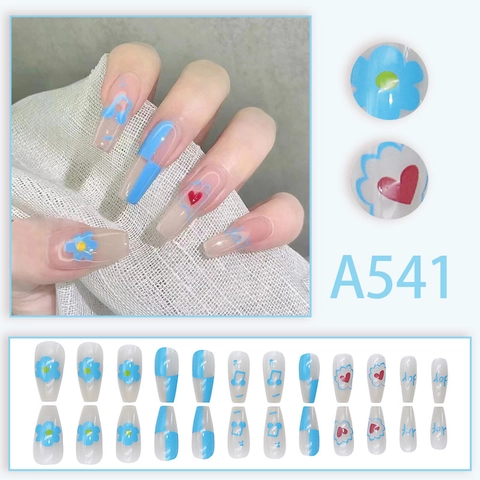 Long Coffin Press On Nails Blue Flower Red Heart Musical Note Pattern Sweet Cute False Nails For Women Students