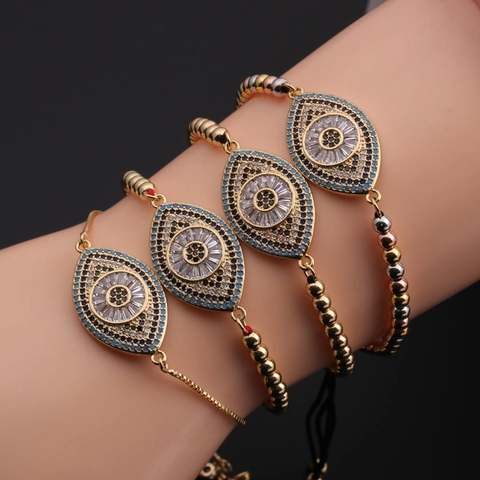 Evil Eye Armband Kupfer Zirkonia Verstellbare Schiebeschnalle Ethnischer Schutzschmuck Für Damen Elegante Juwelen