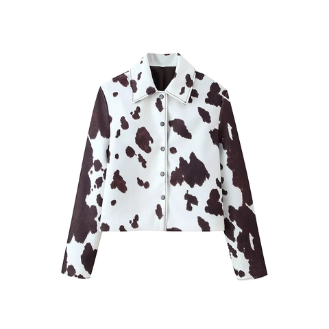 Dames Cropped Jasje Koeprint Dierenpatroon Polyester Lange Mouwen Single Breasted Reverskraag Streetwear