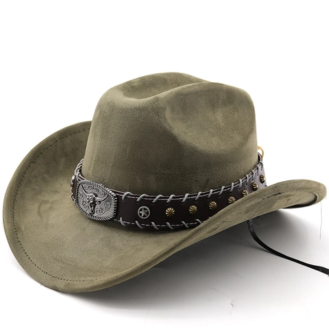 Western Cowboy Hat Suede Texture Bull Head Buckle Star Rivets Wide Brim Retro American Style For Men Women