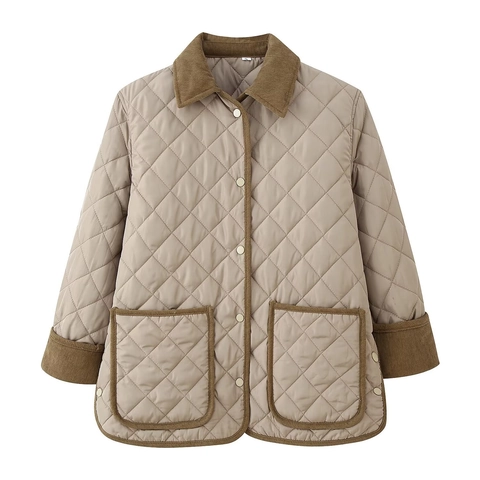 Giacca Trapuntata a Losanghe Retrò da Donna Con Tasche a Collo in Patchwork di Velluto a Coste Monopetto Cappotto Casual