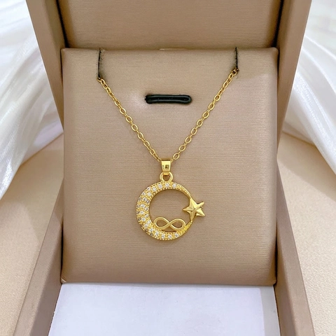Crescent Moon Star Infinity Anhänger Halskette Gold Edelstahl Kette Kupfer Micro Pave Zirkonia Für Damen