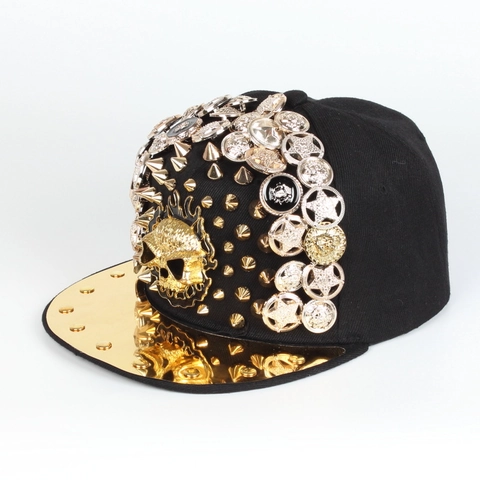 Punk Baseball Cap With Metal Rivets Skull Leopard Head Alloy Mirror Gold Brim Hip Hop Snapback Hat For Men Women