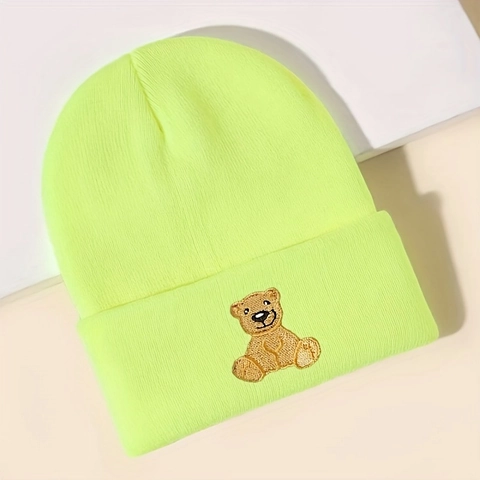 Gebreide Beanie Met Geborduurde Beer Patch Warme Acryl Geribbelde Wintermuts Casual Outdoor Hoofddeksels Voor Volwassenen