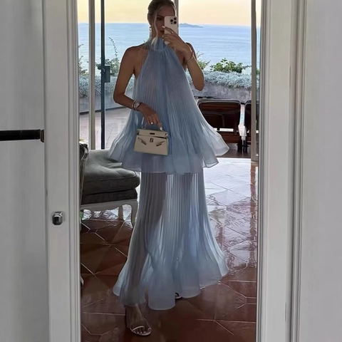 Damen Neckholder Plissee Chiffon Oberteil Und Rock Elegant Rückenfrei Hellblau Maxi Stil Für Urlaub Party