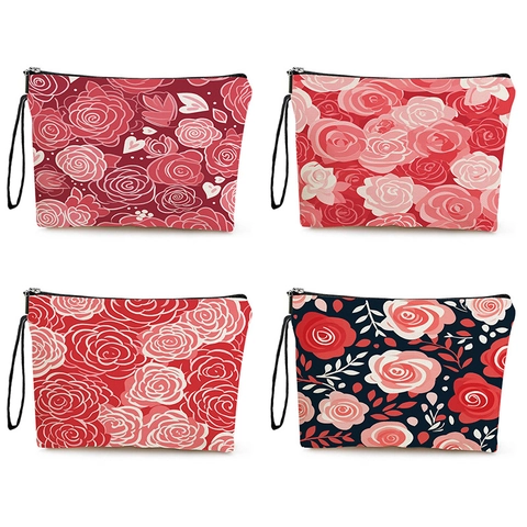 Bolsa De Cosméticos De Lino Con Estampado De Rosas Neceser De Viaje Organizador De Tocador Con Cremallera Y Correa
