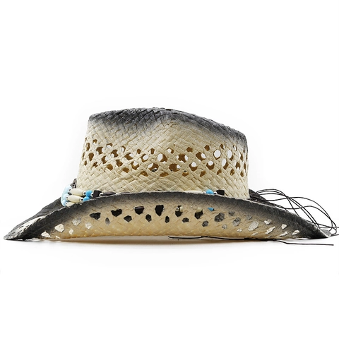 Cappello Di Paglia Western Cowboy Carta Intrecciata Fascia Perline Turchese Protezione Solare Traspirante Cavo Retrò Aperto Spiaggia Uomini Donne