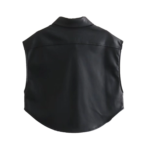 Gilet Da Donna In Pelle PU Tasche Anteriori Con Bottoni Senza Maniche Colletto Rovesciato Corto Retro Casual Top