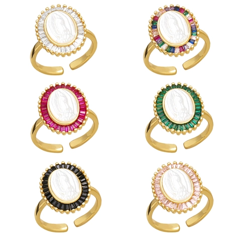 Jungfrau Maria Offener Ring Vintage Oval Muschel Gold Kupfer Bunter Zirkon Religiöser Verstellbarer Schmuck Für Frauen