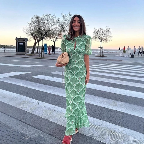 Women Fan Print Puff Sleeve Maxi Dress Backless Lace Up Hollow Out Elegant Slim Fit Polyester Chiffon Style