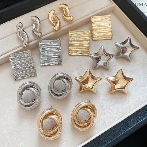 Geometrische Ohrstecker Mit 925 Sterling Silber Ohrringpfosten Eisen Metall Stern Rechteck Dreifach Verriegelter Ring Damen