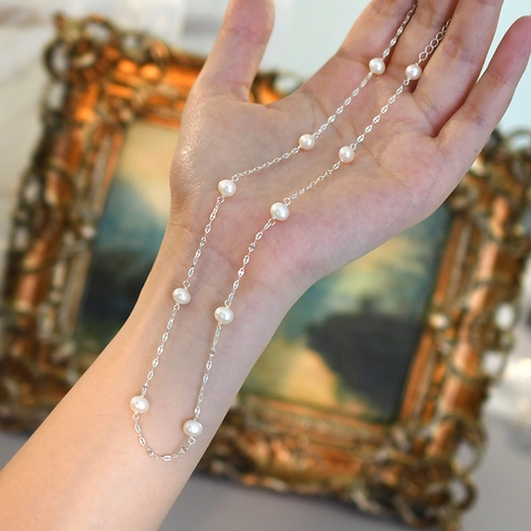 Freshwater Pearl Necklace Copper Metal Chain Elegant Spaced Pearl Jewelry For Women