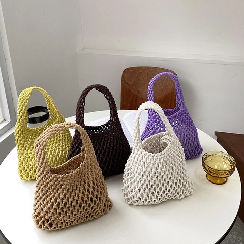 Women Woven Handbag Minimalist Cotton Rope Tote Bag Hollow Out Mesh Purse With Inner Pouch Casual Beach Travel Bag