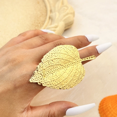 Vintage Leaf Open Ring Stainless Steel Gold Plated Textured Adjustable Natural Style Jewelry For Women