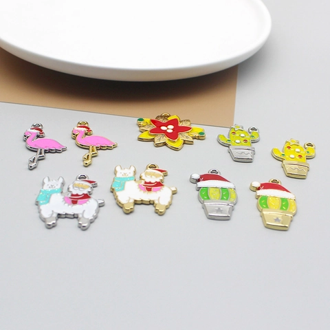 Christmas Charms Enamel Alloy Pendants For DIY Jewelry Making Flamingo Alpaca Santa Cactus Flower Holiday Theme Accessory