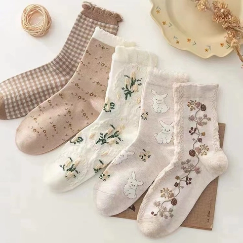 Women Crew Socks Floral Embroidery Cute Rabbit Pattern Checkered Mori Girl Style Japanese Vintage Mid-Calf Hosiery