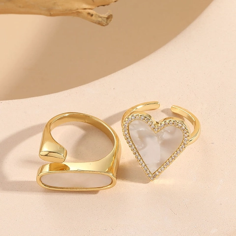 Elegant 14K Gold Plated Copper Zirconia Heart Shell Open Ring Adjustable Geometric Mother Of Pearl Women Jewelry Gift