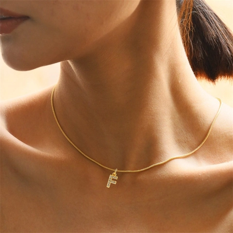 Letter Pendant Necklace Stainless Steel Gold Plated Pavé Zircon Snake Chain Initial A-Z Fashion Jewelry For Women