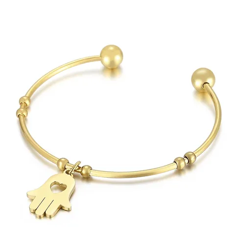 Hamsa Hand Offener Armreif Edelstahl Manschette Armband Mit Hohlem Herz Anhänger Polierter Modeschmuck Für Damen