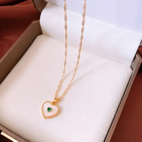 Vintage Herz Oval Anhänger Halskette Echtgold Vergoldet Kupfer Perlmutt Grüner Zirkonia Luxus Schmuck Damen