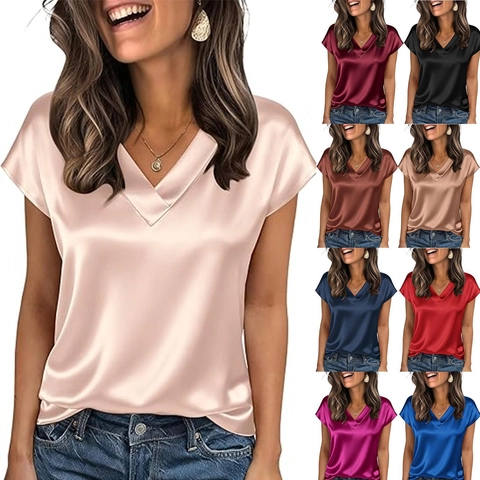 Women Satin Blouse V-Neck Short Sleeve Office Business Casual Satin Like Solid Color Top Elegant Commute Shirt