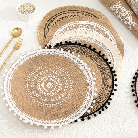 Round Jute Placemat Woven Mandala Pattern With Tassels Bohemian Dining Table Decoration Heat Resistant Non-Slip